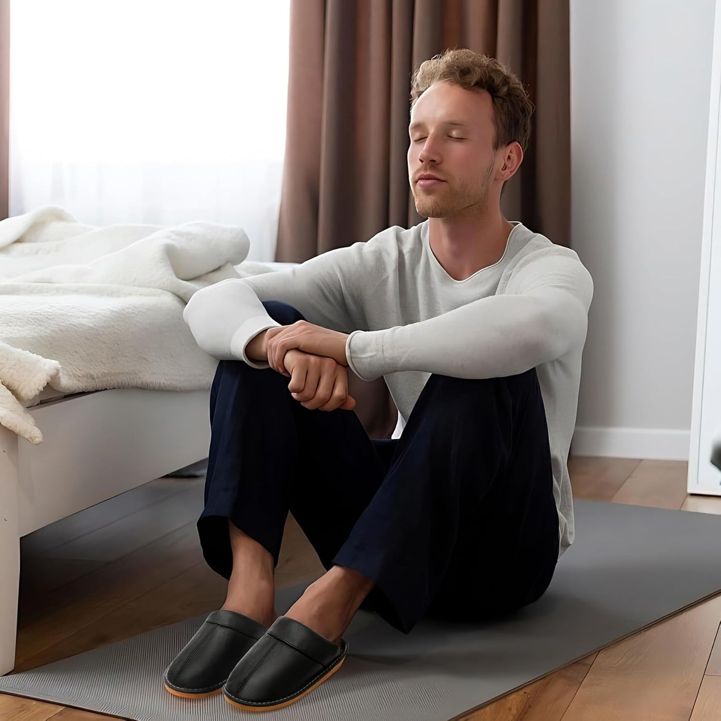 Slippers for Women Men, Genuine Leather Slippers Indoor Outdoor, Fuzzy Bedroom House Shoes for Women Men, Plush Lining Womens Sandals Slip-on