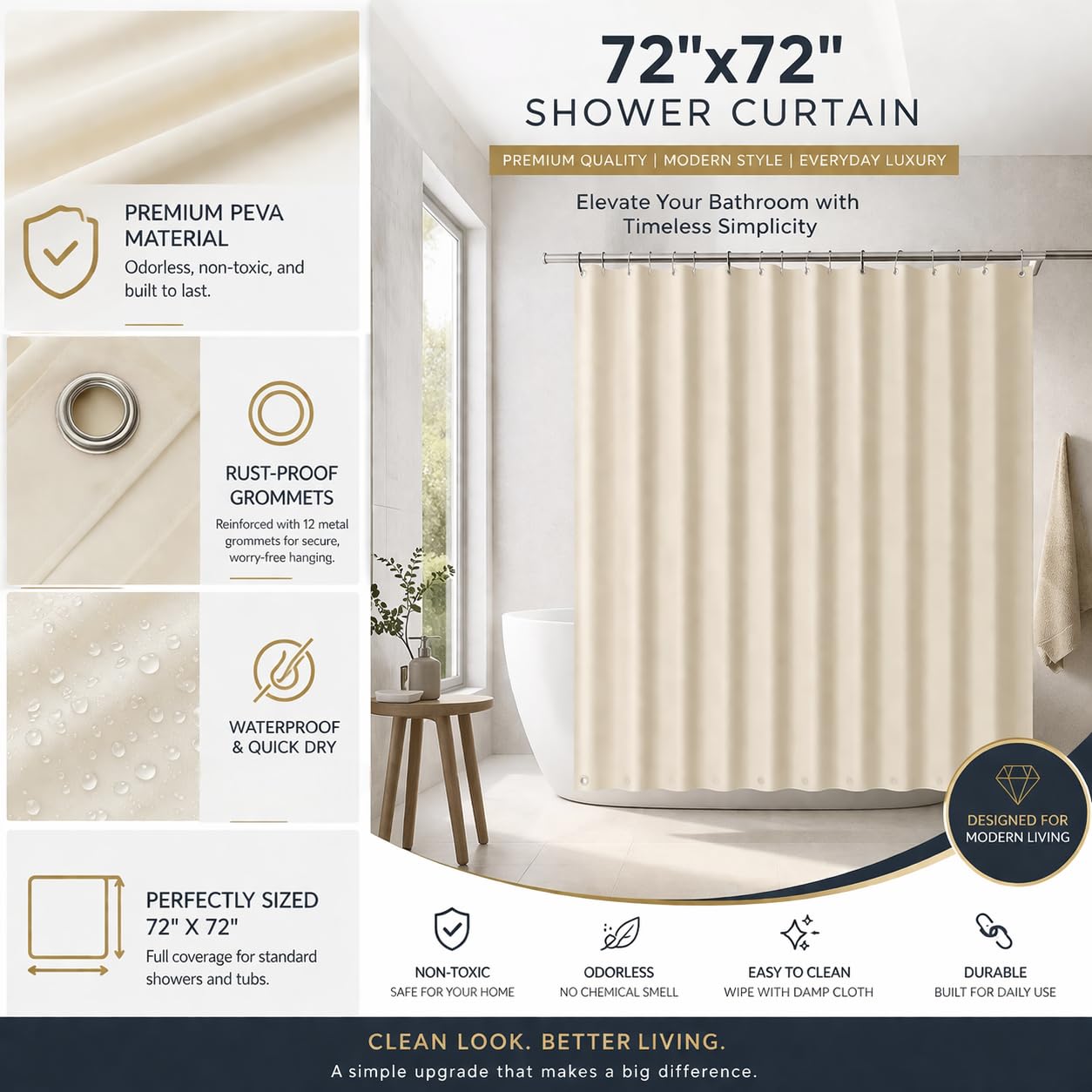 EHZNZIE Beige Shower Curtain Liner 72x72, PEVA Waterproof Bath Curtain, No Chemical Smell, 3