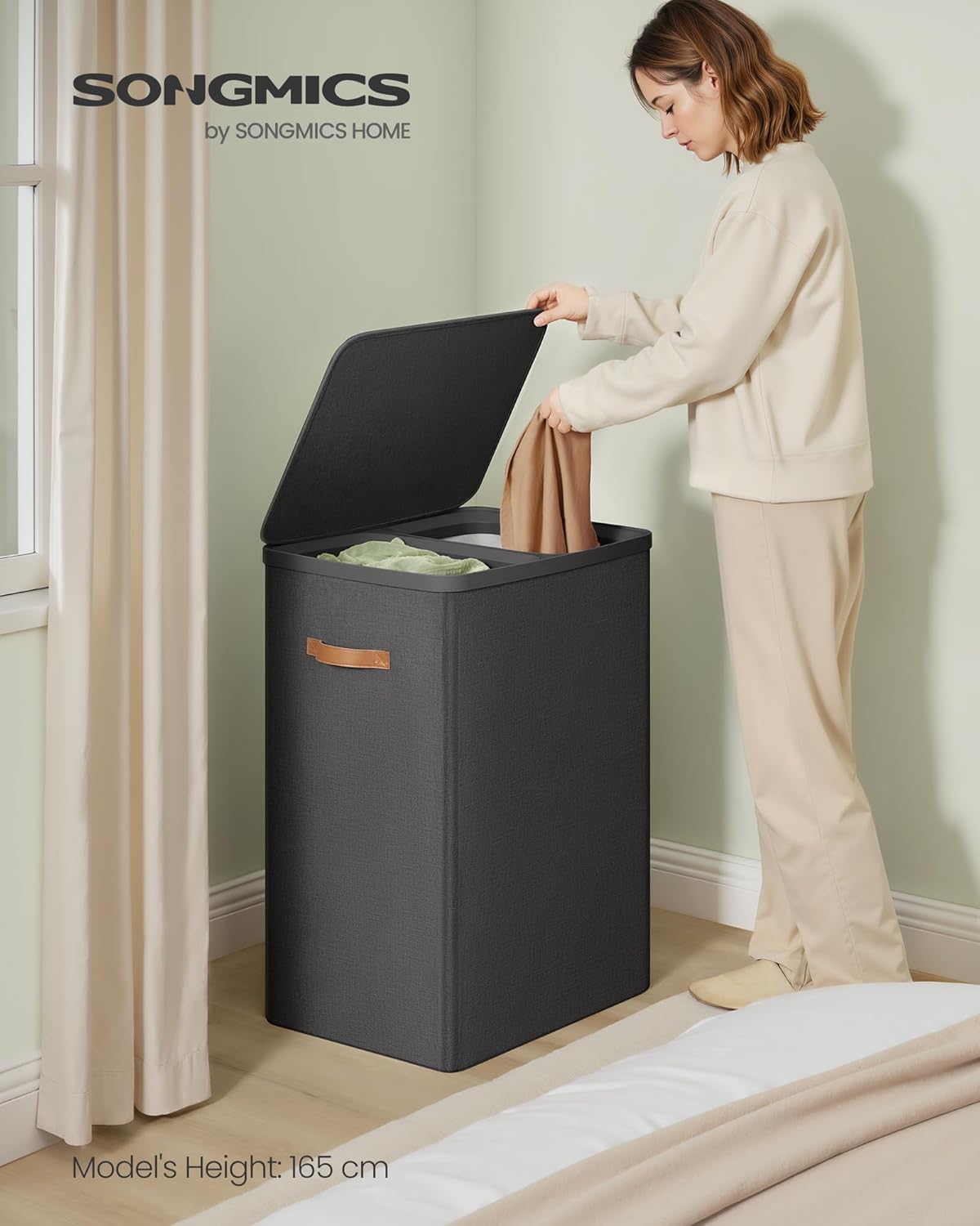 SONGMICS Laundry Basket, 44.9 Gal. Laundry Hamper, 2 Compartments, Easy Assembly, with Lid and Handles, Removable Liners, 22 x 15.7 x 29.5 Inches, Ink Black ULCB813B01