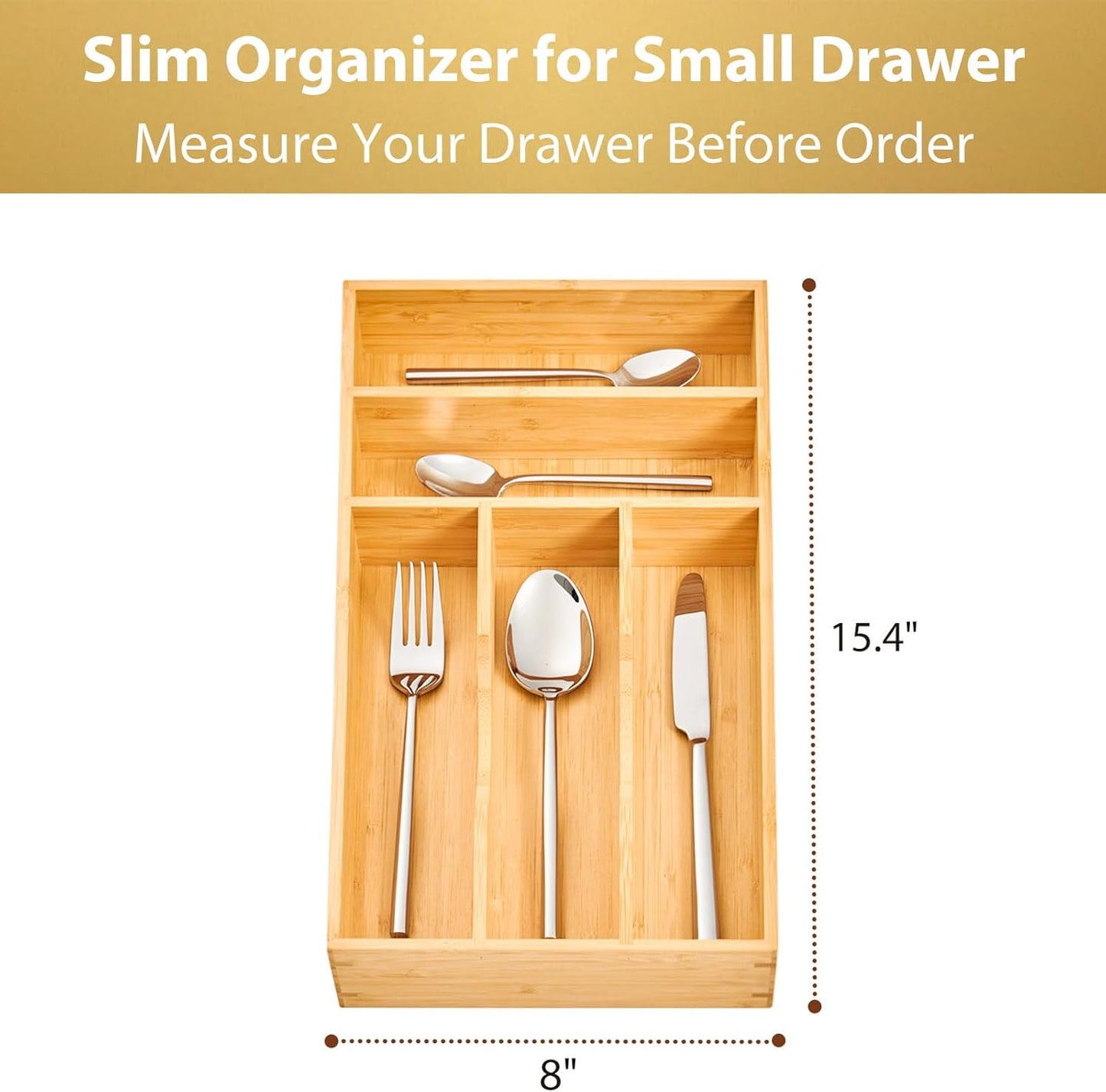 Umilife Bamboo Kitchen Drawer Organizer, 8 Inch Silverware Utensils Tray Holder for Small Drawer, Wood Caddy for Flatware Cutlery Knives