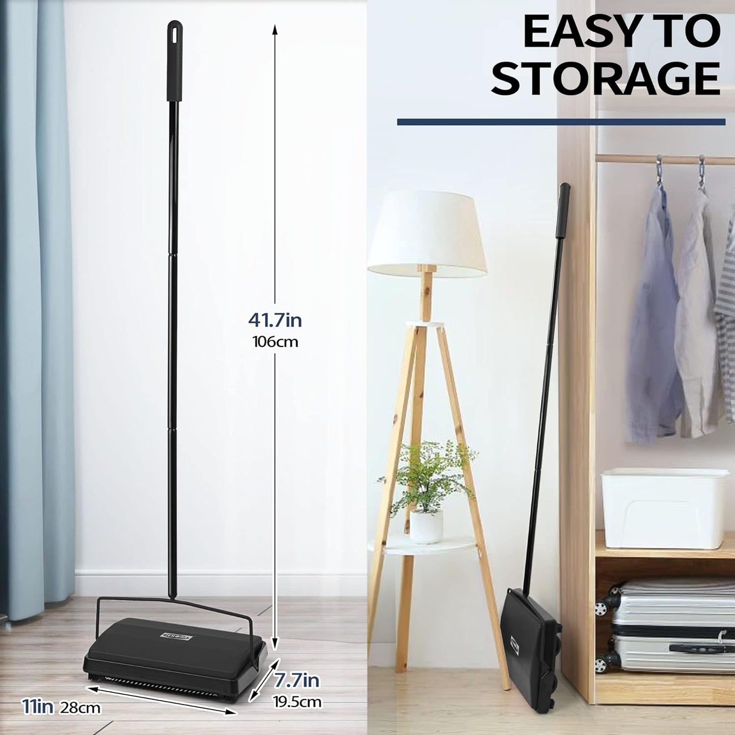 JEHONN Carpet Floor Sweeper Manual with Horsehair, Non Electric Quite Rug Roller Brush Push for Cleaning Pet Hair, Loose Debris, Lint (Black)