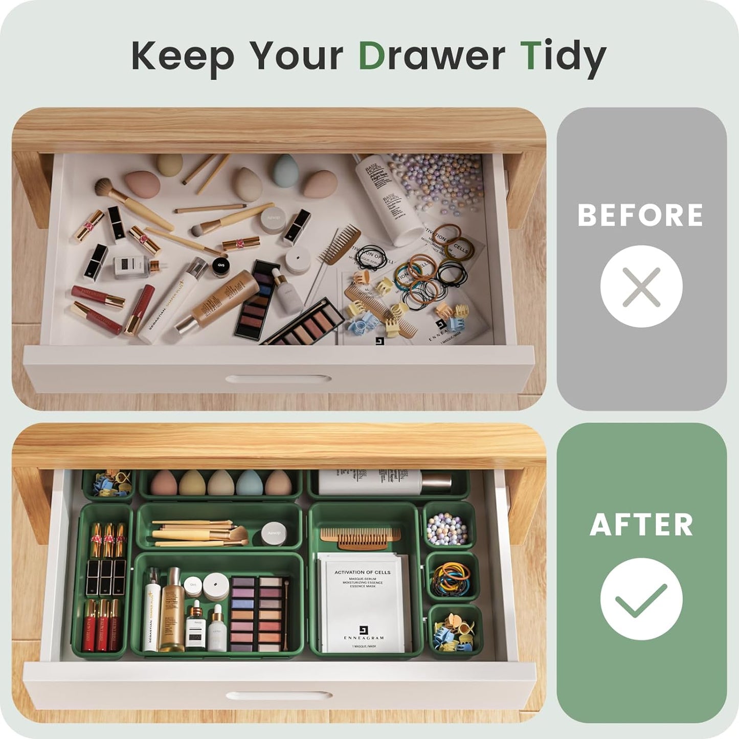 A-LuGei 【28PCS】 Drawer Organizer, Bathroom Organizers and Storage, Makeup organizer, Desk drawer organizer, Storage Bins for Kitchen Office Bedroom Vanity Jewelry Pantry Garage【ArmyGreen】【4Size】