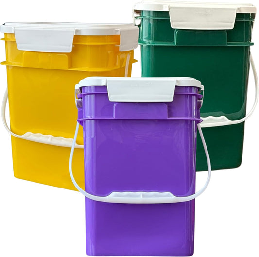 House Naturals 4 Gallon Square Food Grade Bucket Pail with Plastic Handles and Lid (Pack of 3) Made