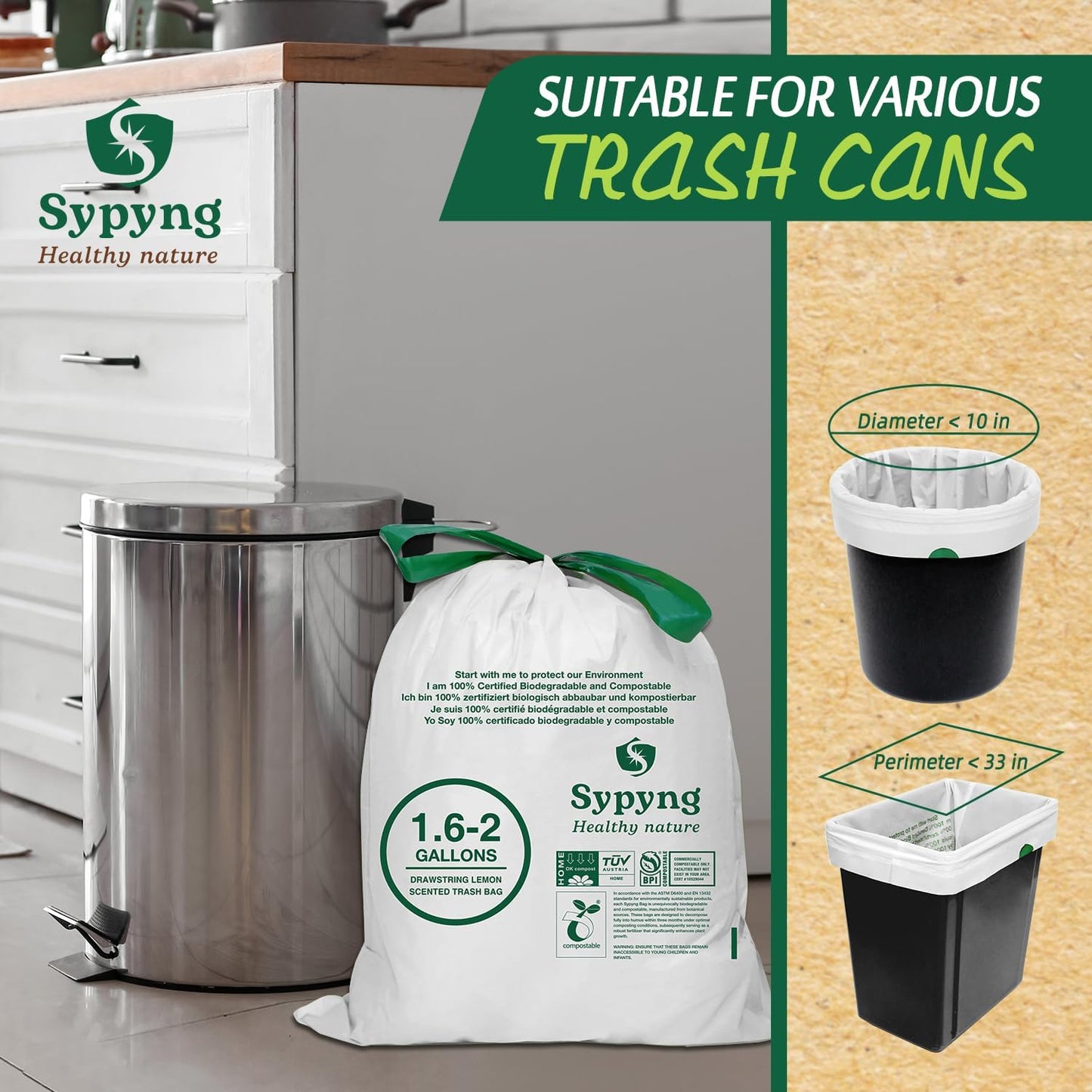 Compostable Kitchen Waste Trash Bags 1.6-2 Gallon (100 Pack) Heavy Duty 100% Biodegradable White Compost Bags for Countertop Bin, ASTM D6400, BPI & OK Compost HOME Certified, Eco-Friendly & Recyclable
