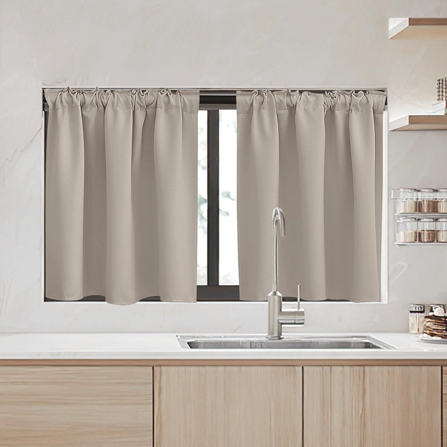 RYB HOME Small Window Curtains - Blackout Insualting Privacy Curtains for Kids Bedroom Kitchen Bathroom Basement Cafe Cabinet Tiers Drapes, 34 Width x 24 Length, 2 Panels, Sand
