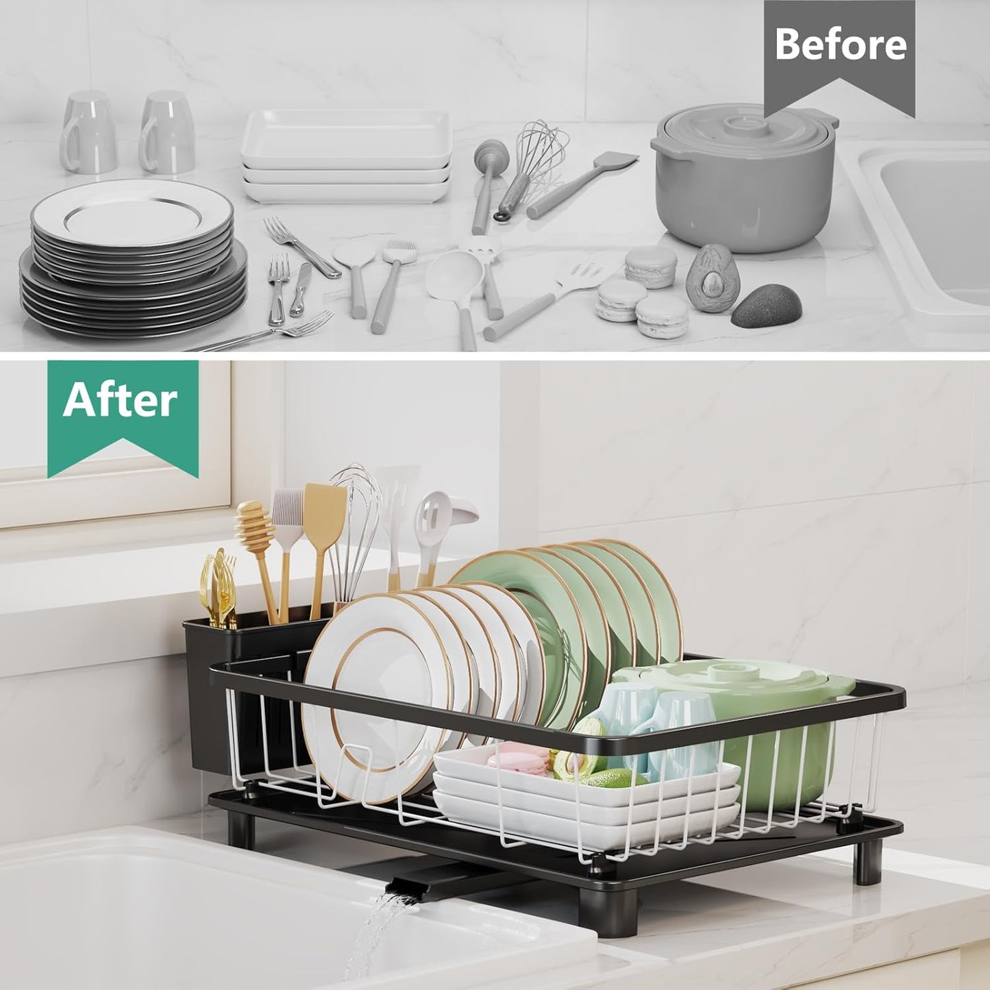 Dish Drying Rack - Space-Saving Dish Rack,Dish Racks for Kitchen Counter with Drainboard, Rustproof Dish Drainer with a Removable 4-Compartment Utensil Holder,Black-White