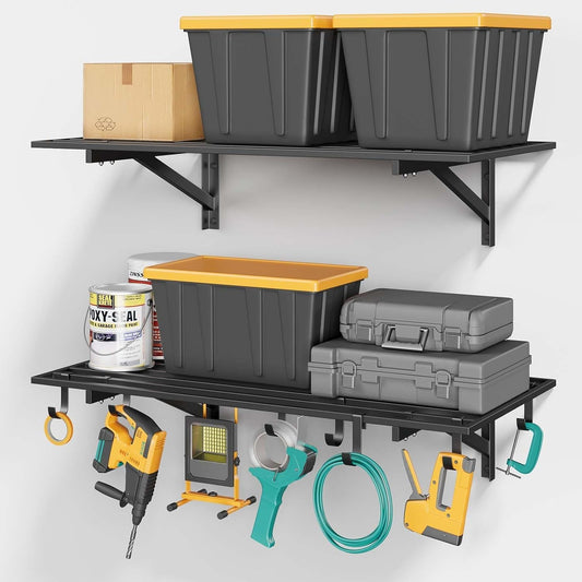 2-Pack 2x4ft Garage Shelving Wall Mounted, 2' x 4' Heavy Duty Garage Storage Shelves with Hooks