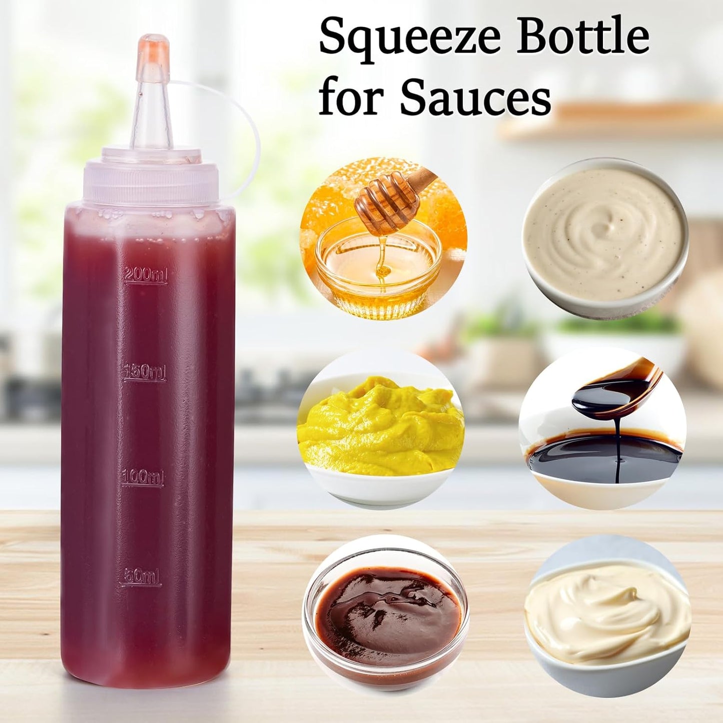 Condiment Squeeze Bottles Ketchup Dispenser, 4 Pack 8oz Squeeze Bottles for Liquids, Plastic Sauce Bottle with Cap Lid, Squirt Bottles for Sauces Liquids BBQ Dressing Pancake Art