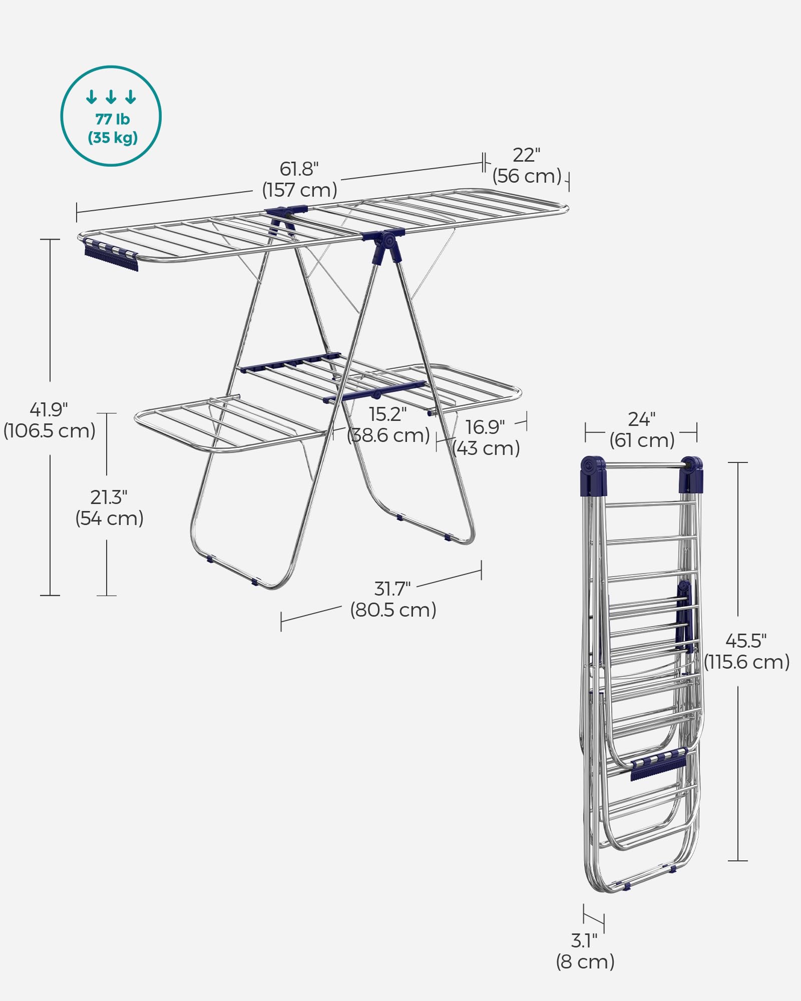 SONGMICS Clothes Drying Rack, Foldable 2-Level Laundry Drying Rack, Free-Standing Laundry Airer