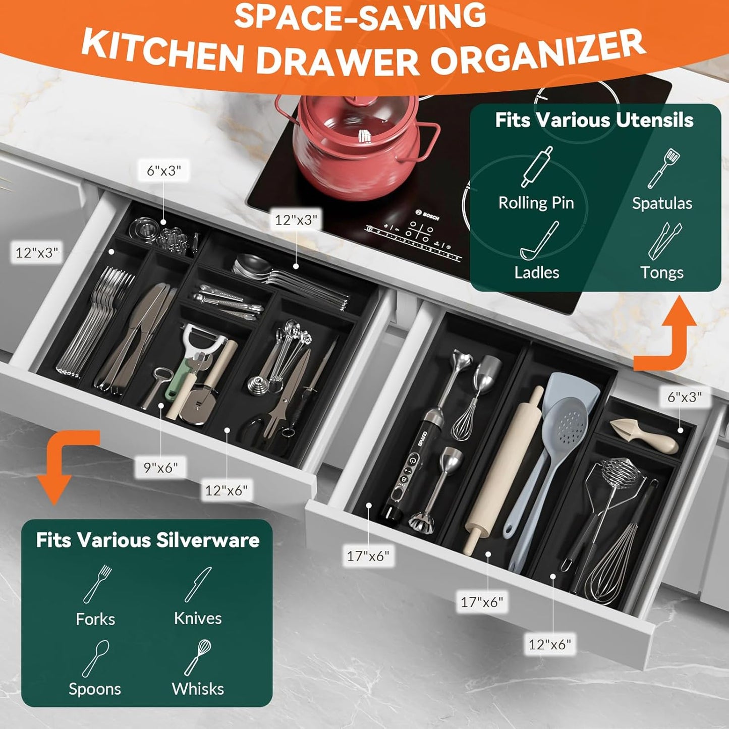 Bamboo Drawer Organizer, Small Silverware for Kitchen Drawer, Stackable Utensil Organizer, 2 Pcs Flatware Organizer, Wooden Storage Box Tray (Black, 6 X 3 X 2 Inch)