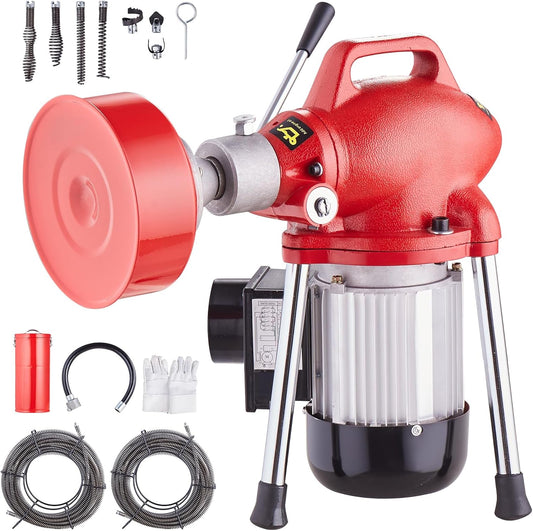 VEVOR Drain Cleaner Machine 120FT x 5/8 Inch, 370W Electric Sewer Snake Auger with 2 Sectional Steel Cables(120' x 5/8" and 23' x 3/8"), 7 Cutters and CW/CCW Control for 1.6" to 4" Pipes