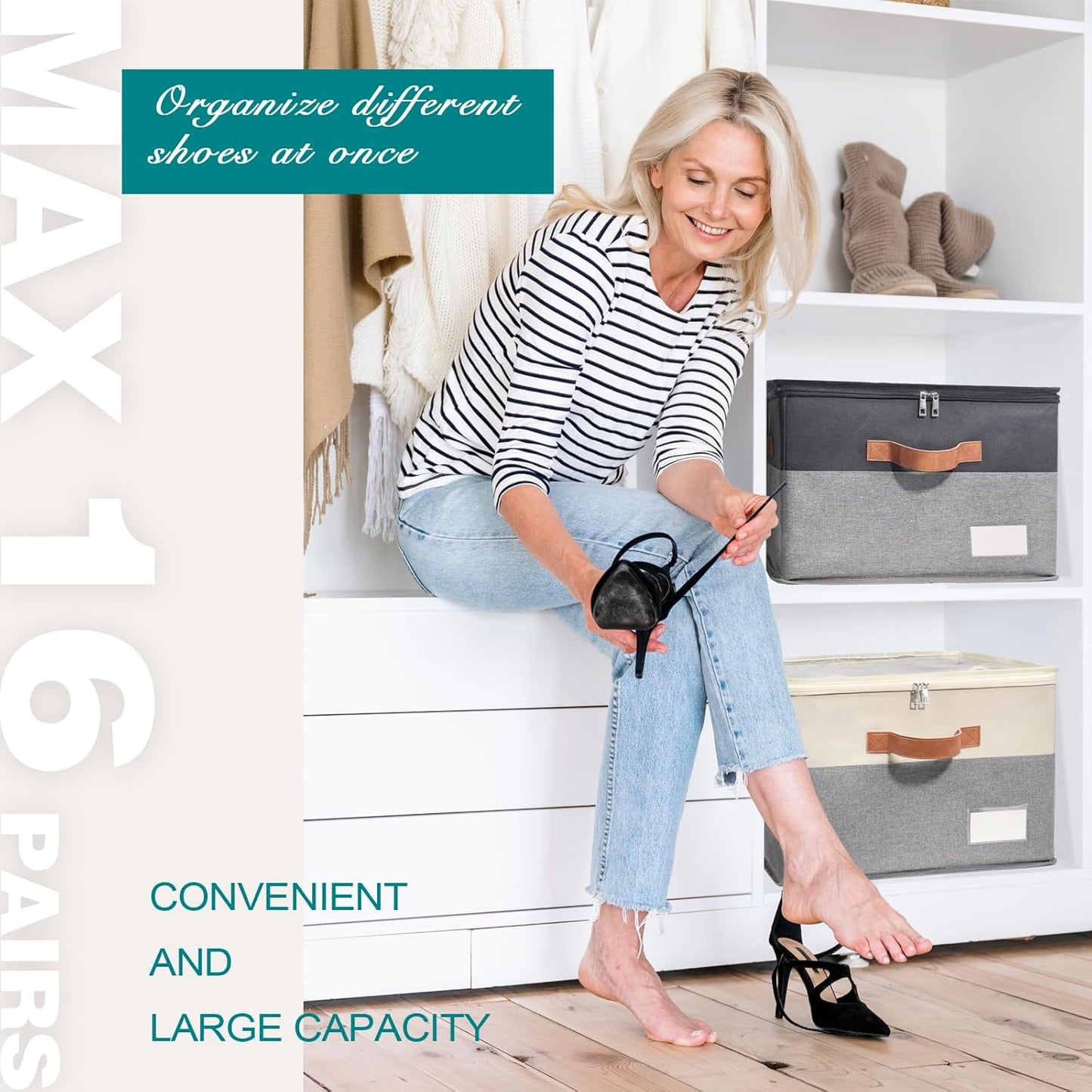 Shoe Organizer for Closet, Foldable Shoe Storage Bins with Clear Cover, Space Saving Shoes Holder with 4 Handles, Large Adjustable Shoe Box Storage Containers, Fits 8-16 Pairs, 1 Pack, Beige