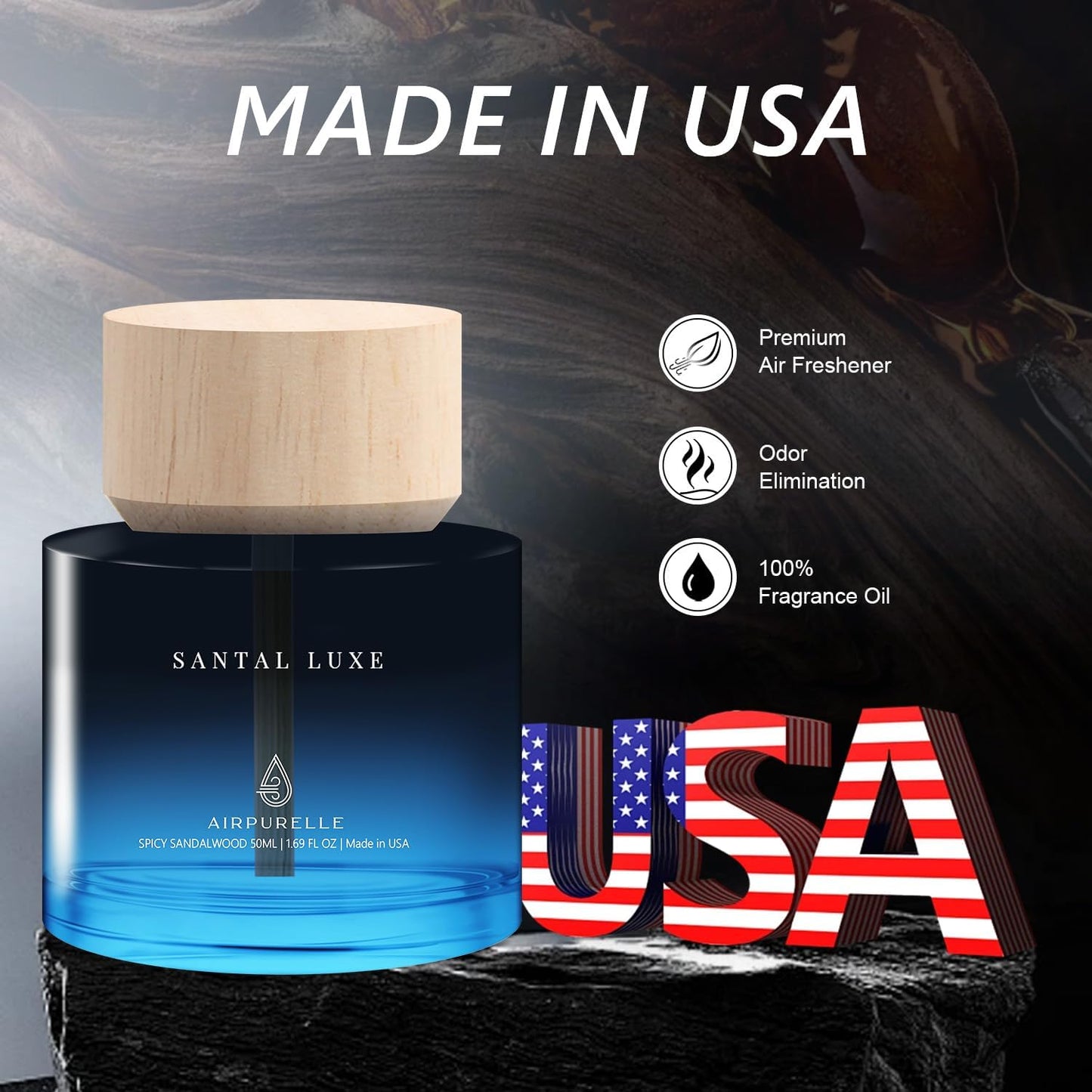 Car Air Freshener for Men & Women – Long-Lasting Spicy Sandalwood Essential Oil Diffuser for Car Cup Holder – 50ML (1.7 FL OZ) Car Scent Diffuser, Inspired by Perfume – Made in USA