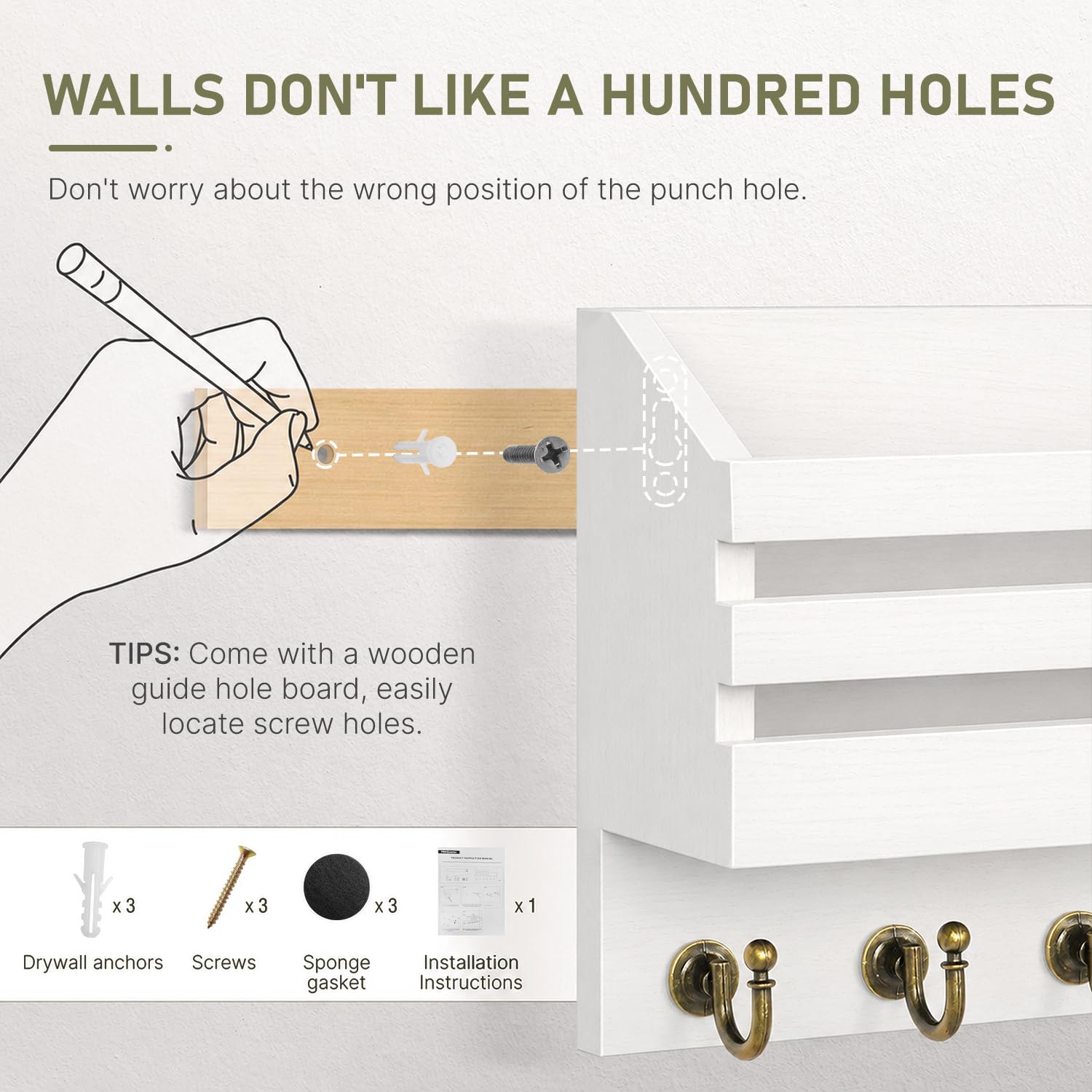 FifthQuarter Key and Mail Holder Wall Mount with Drawer and 6 Sturdy Hooks