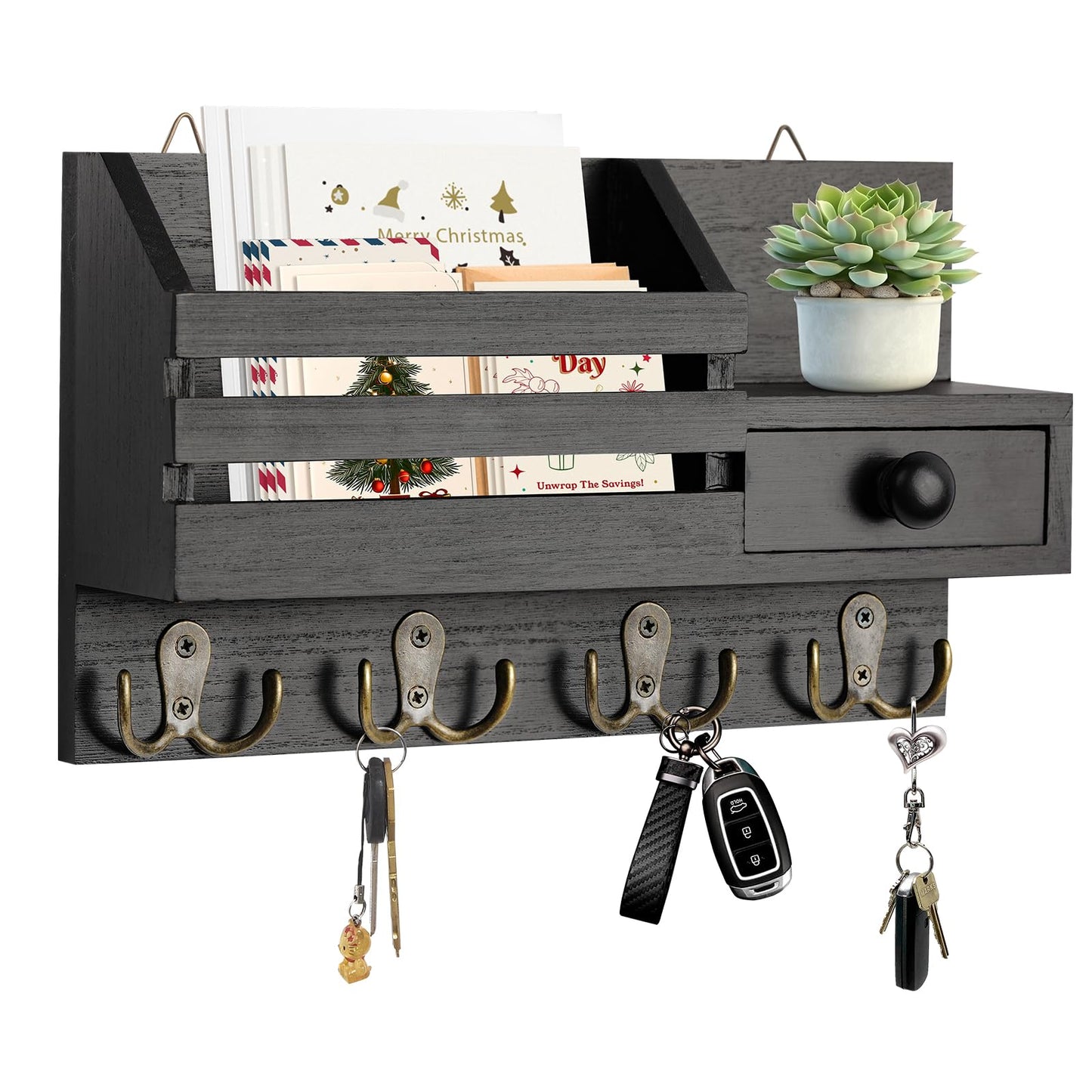 HOMEBROS Key Holder Wall Mount, Wooden Key and Mail Organizer, Black