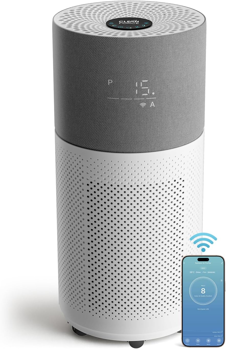CleanForce Air Purifier for Home Large Room up to 2550 ft², Swiss Sanitized HEPA & Carbon Filter, asthma & allergy friendly Certified for Dust/Pollen/Pet Dander, Alexa/App Control, Ozone-Free, Rainbow