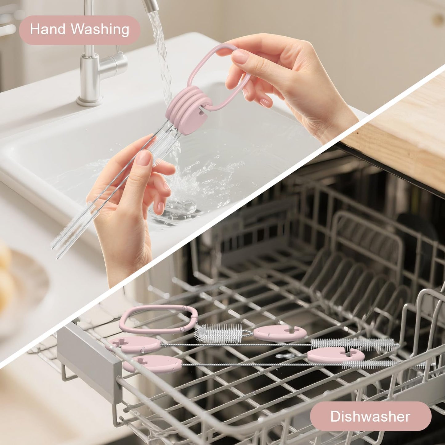 YOTIME Standing Straw Cleaner Brush Set, 4in1 Reusable Straw Brushes with Holder Ring, for Wide and Narrow Straws, Tumblers, Water Bottles and Cups, Pink