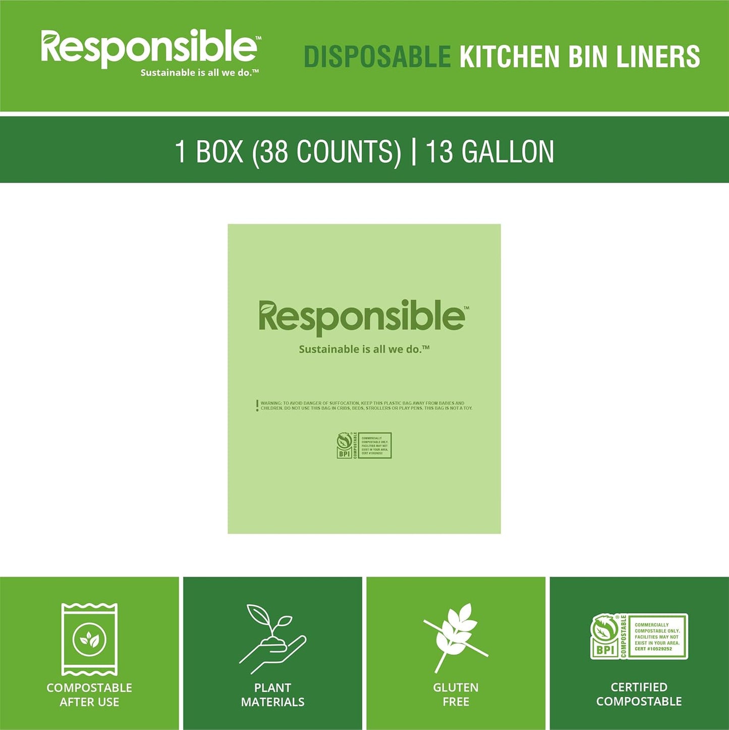 Responsible Products Kitchen Bin Liners, Certified Compostable, Heavy Duty Multipurpose Food Scrap Bags, Made from Compostable Materials (13 Gallon, 13 Gallon (38 Count))