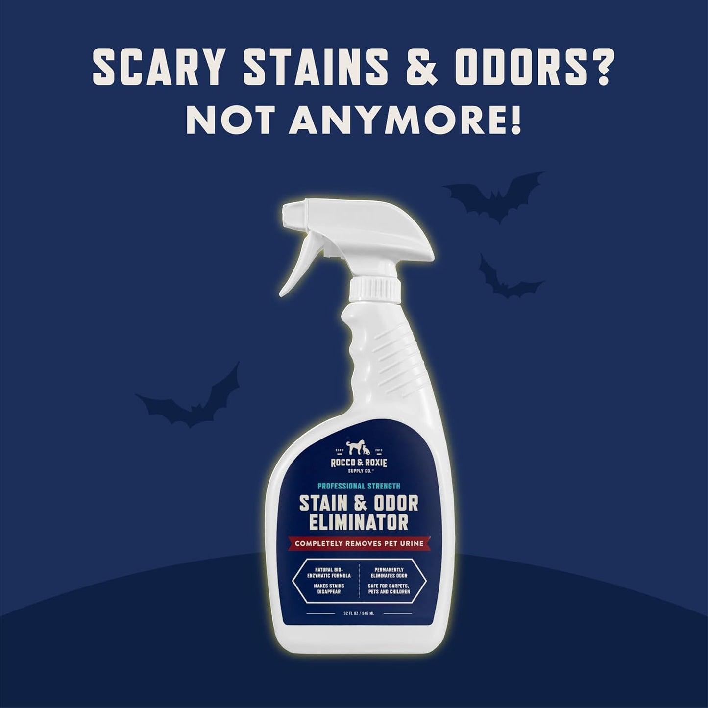 Rocco & Roxie Supply Co. Stain & Strong Odor Eliminator, Enzyme Cleaner, Pet Odor Eliminator for Home - Carpet Stain Remover for Cats & Dog Pee - Urine Destroyer - Carpet Cleaner Spray Clear, 32 Fl Oz