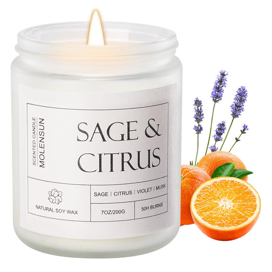 Molensun Sage Citrus Scented Candle, Soy Wax 7 oz