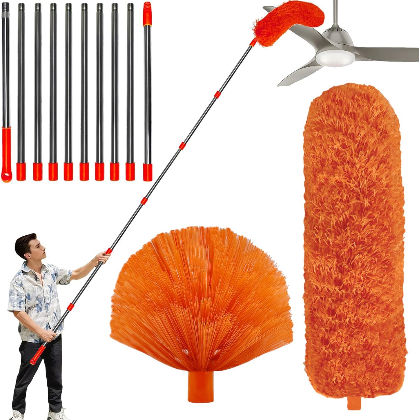 20 Feet High Reach Duster Kit with 2-14 ft Extension Pole, Cobweb & Corner Brush Cleaning Duster