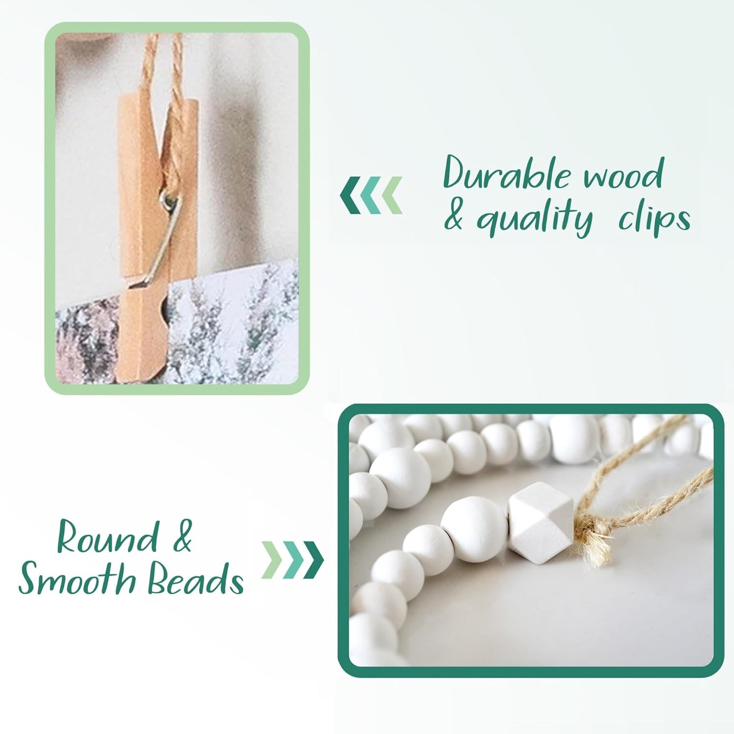 4 Feet Wooden Beads Garland with Clothespins Picture Cards Holder - Country Farmhouse Christmas Nursery Boho Holiday Decorations with Clips