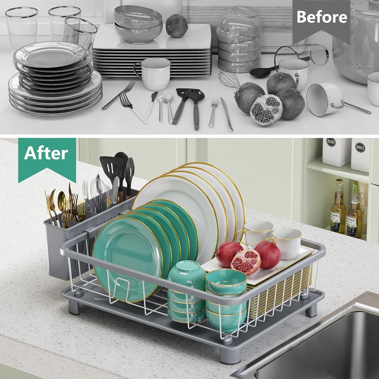 Dish Drying Rack - Space-Saving Dish Rack,Dish Racks for Kitchen Counter with Drainboard, Rustproof Dish Drainer with a Removable 4-Compartment Utensil Holder,Gray