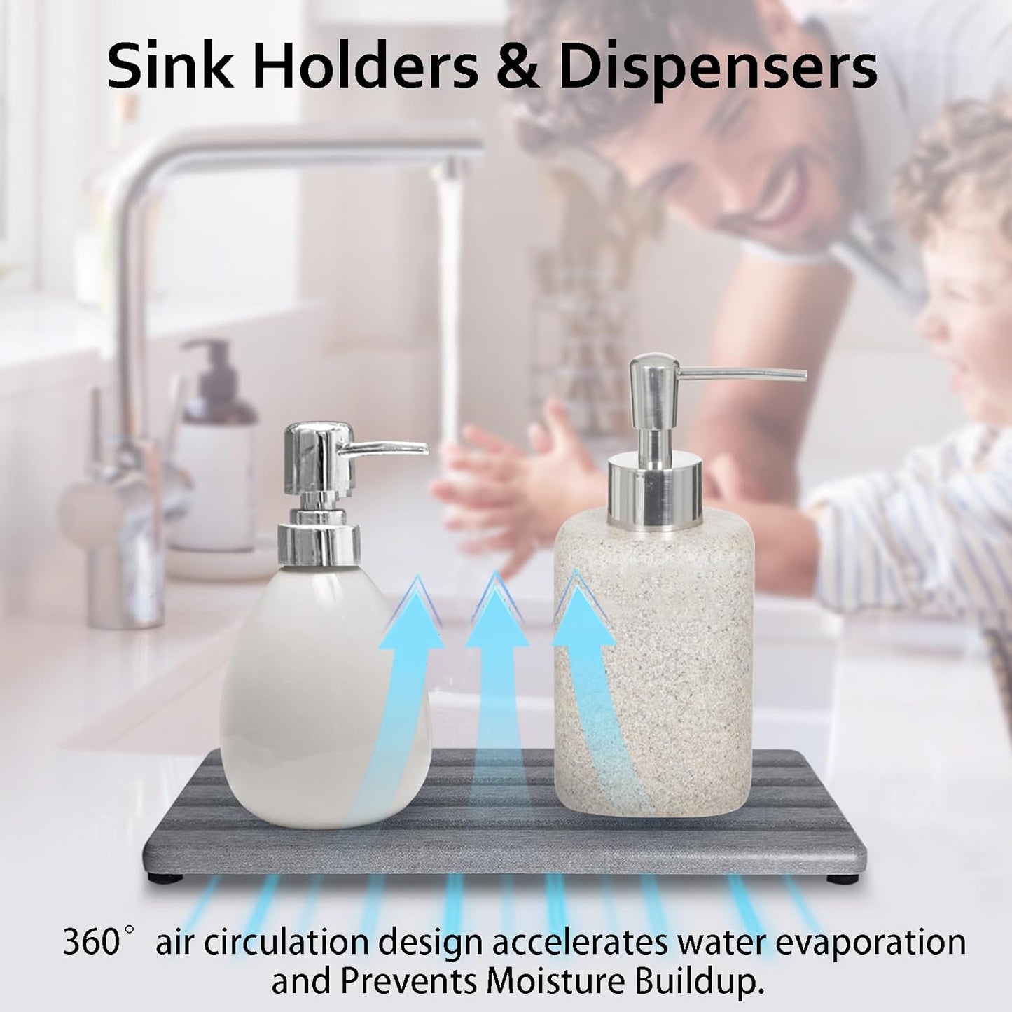 2 PCS Water Absorbing Stone Trays for Bathroom Sink & Kitchen Counter, Fast-Drying Diatomite Sink Caddy, Vanity Tray, Hand Soap Holder with Anti-Skid Pads (Grey, 7.9" x 4"/20 x 10cm)