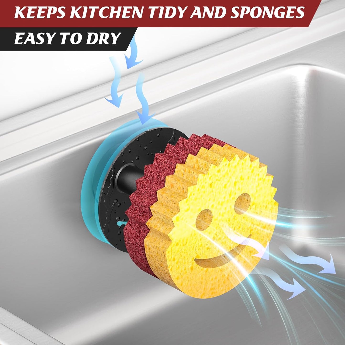 Sponge Holder for Kitchen Sink,Sink Caddy Organizer with Suction Cup Installation for Kitchen/Bathroom, Self Draining,Sponge Caddy for Holding Smiley Sponges-Black