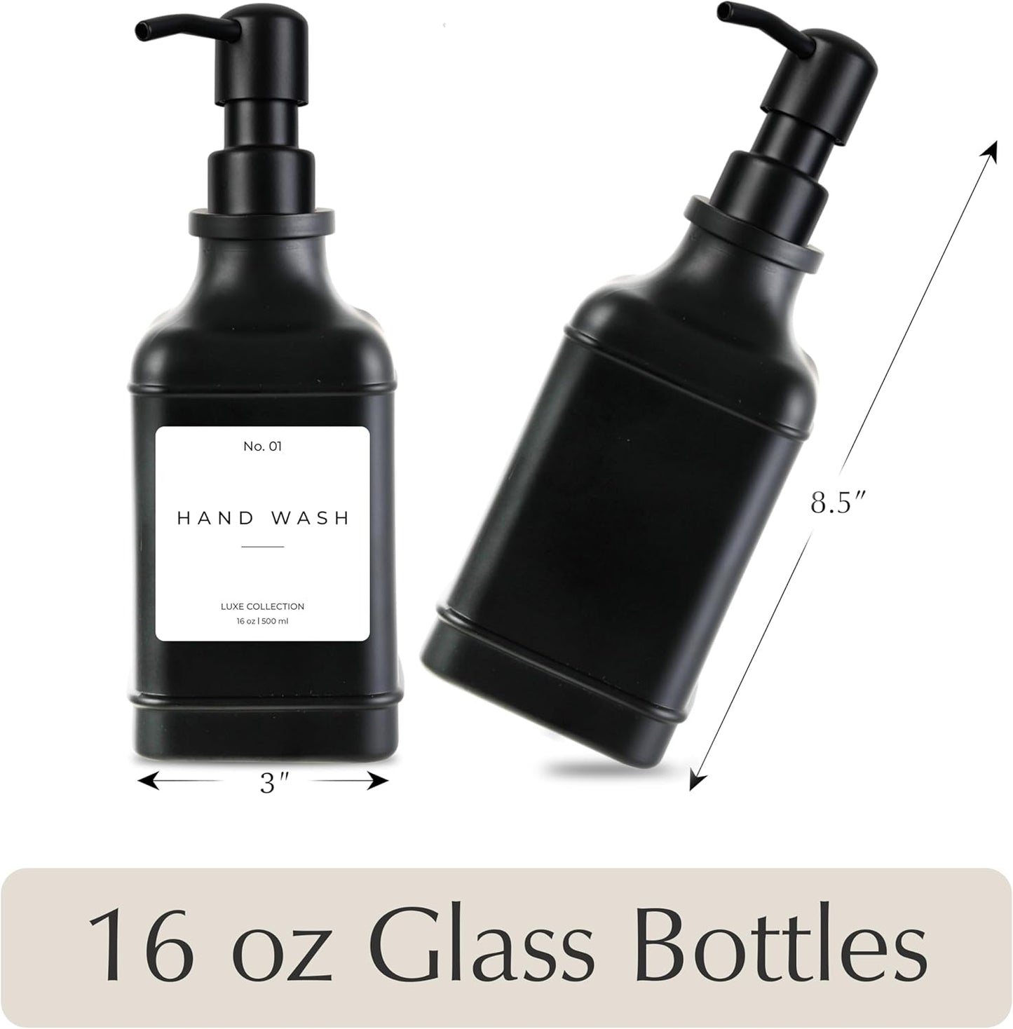 Emerson Essentials Soap Dispenser, Dish Soap Dispenser, Soap Dispenser Bathroom Set, Hand Soap Dispenser, Kitchen Soap Dispenser Set, Glass Soap Dispenser with Pump and Labels | 16 Oz, 2-Pack