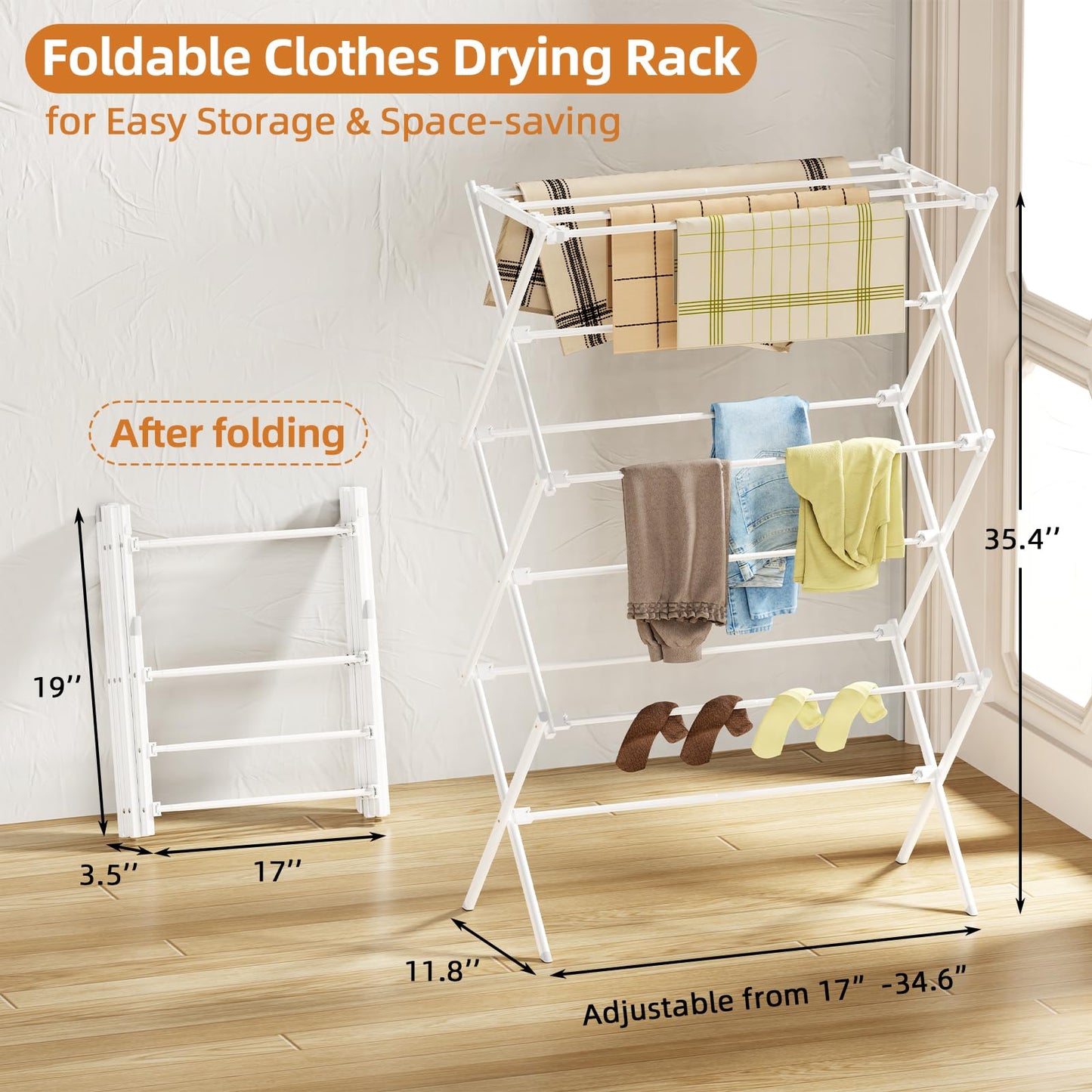 FILROUG Drying Rack Clothing, 3-Tier Clothes Drying Rack Foldable, Antirust Laundry Drying Rack