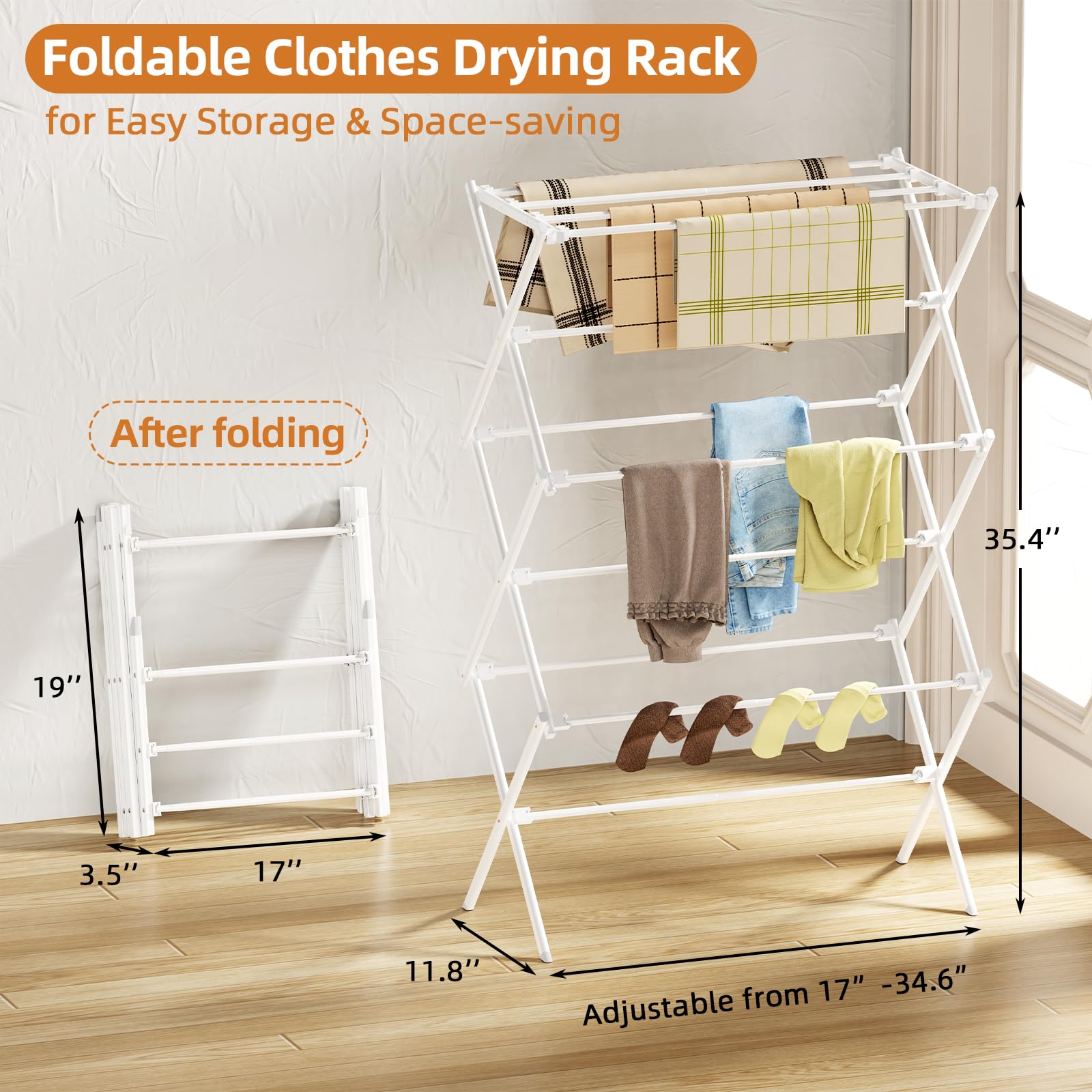 FILROUG Drying Rack Clothing, 3-Tier Clothes Drying Rack Foldable, Antirust Laundry Drying Rack
