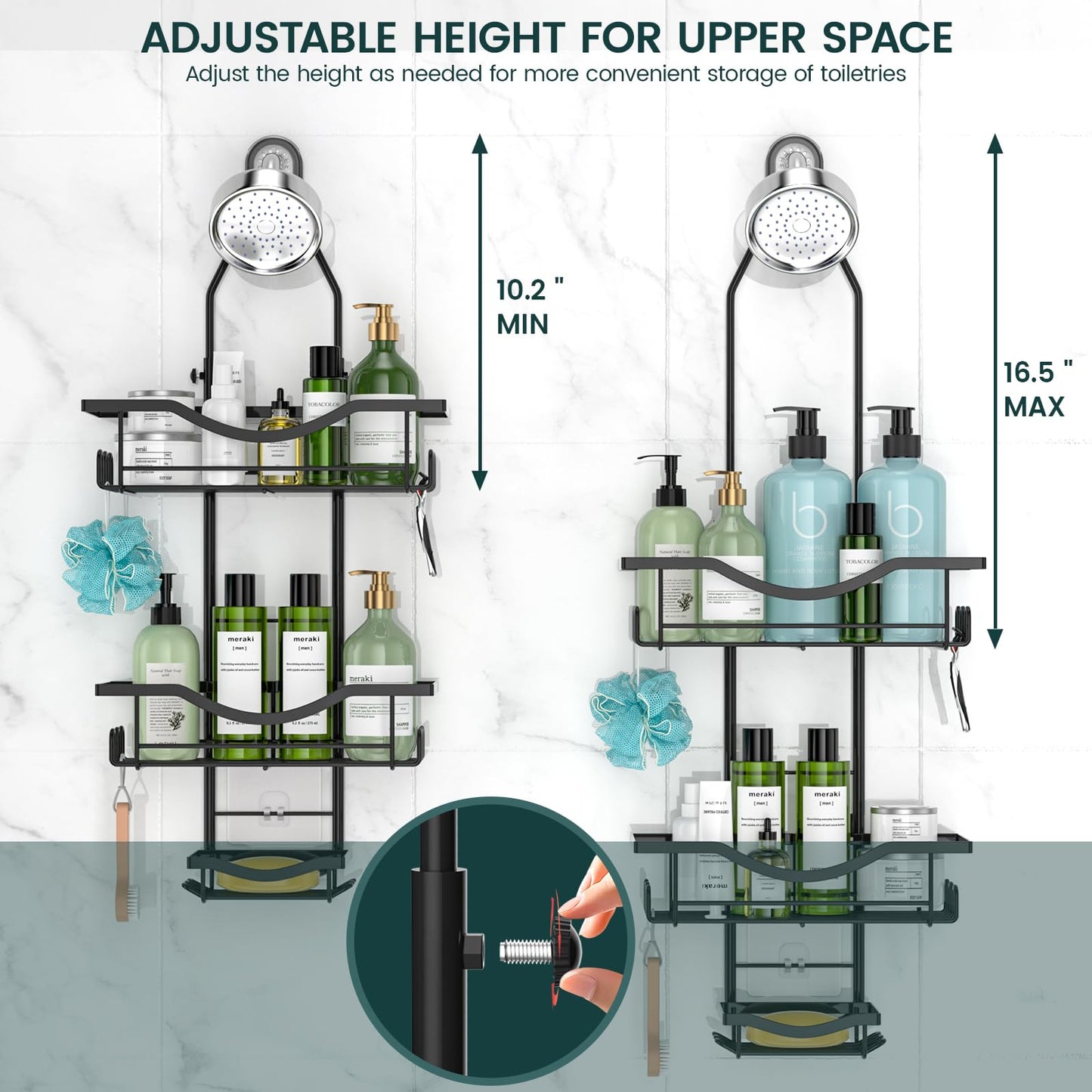 REINHARDT Adjustable Shower Caddy Hanging Rustproof Shower Organizer, Black