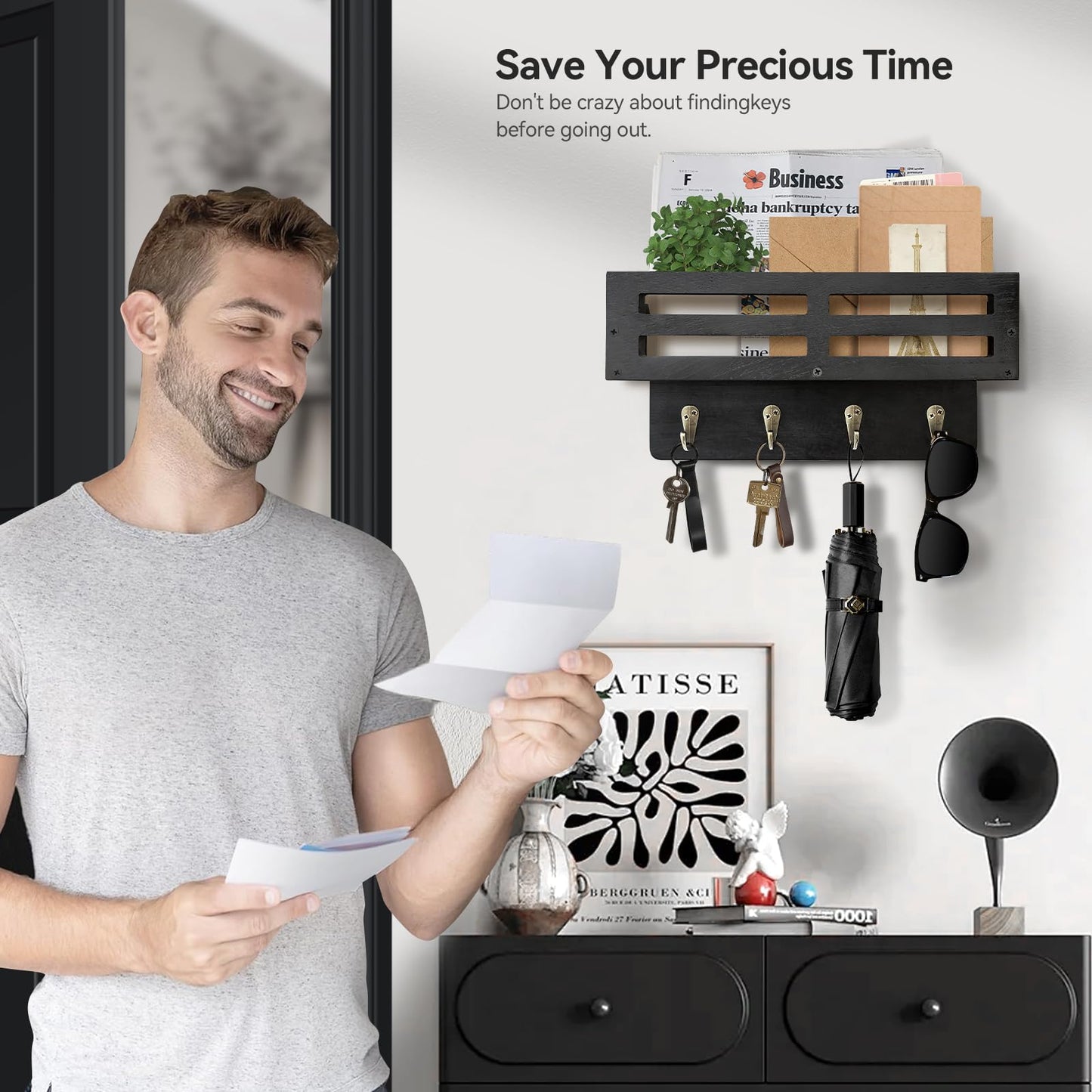 KISENG Key Holder Wall Mount, 10 inch Decorative Key and Mail Holder for Wall, with Mail Organizer