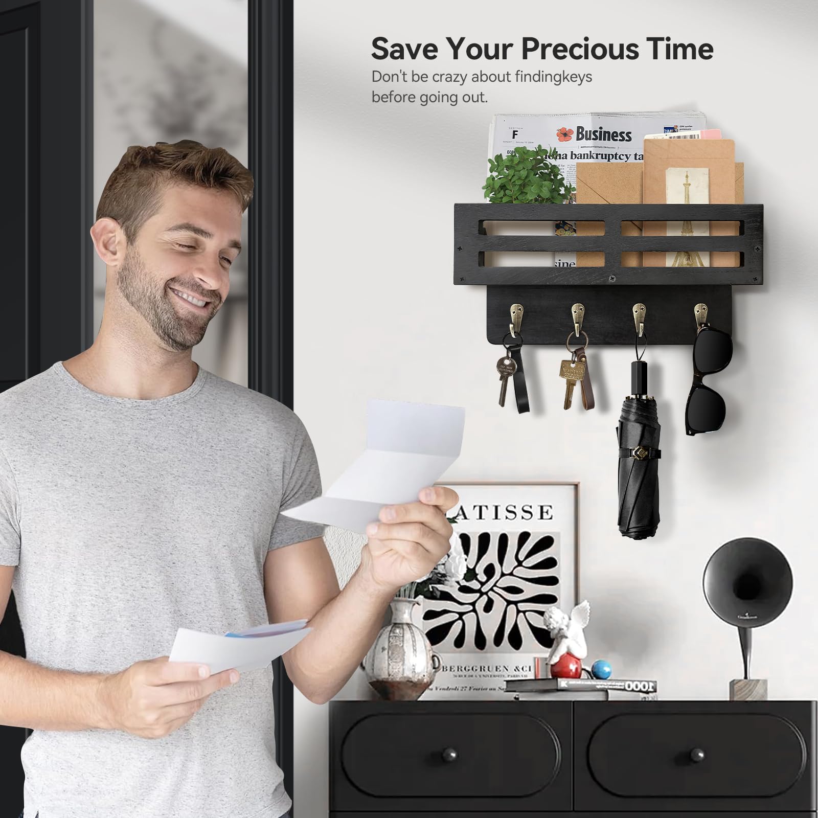 KISENG Key Holder Wall Mount, 10 inch Decorative Key and Mail Holder for Wall, with Mail Organizer