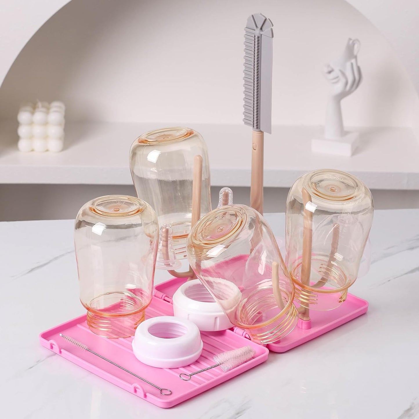 Baby Bottle Drying Rack -Travel Baby Bottle Drying Rack Set, Cleaner Kit with Silicone Bottle Brush,Straw Brush, Suitable for Home use or Traveling with Babies (Pink)