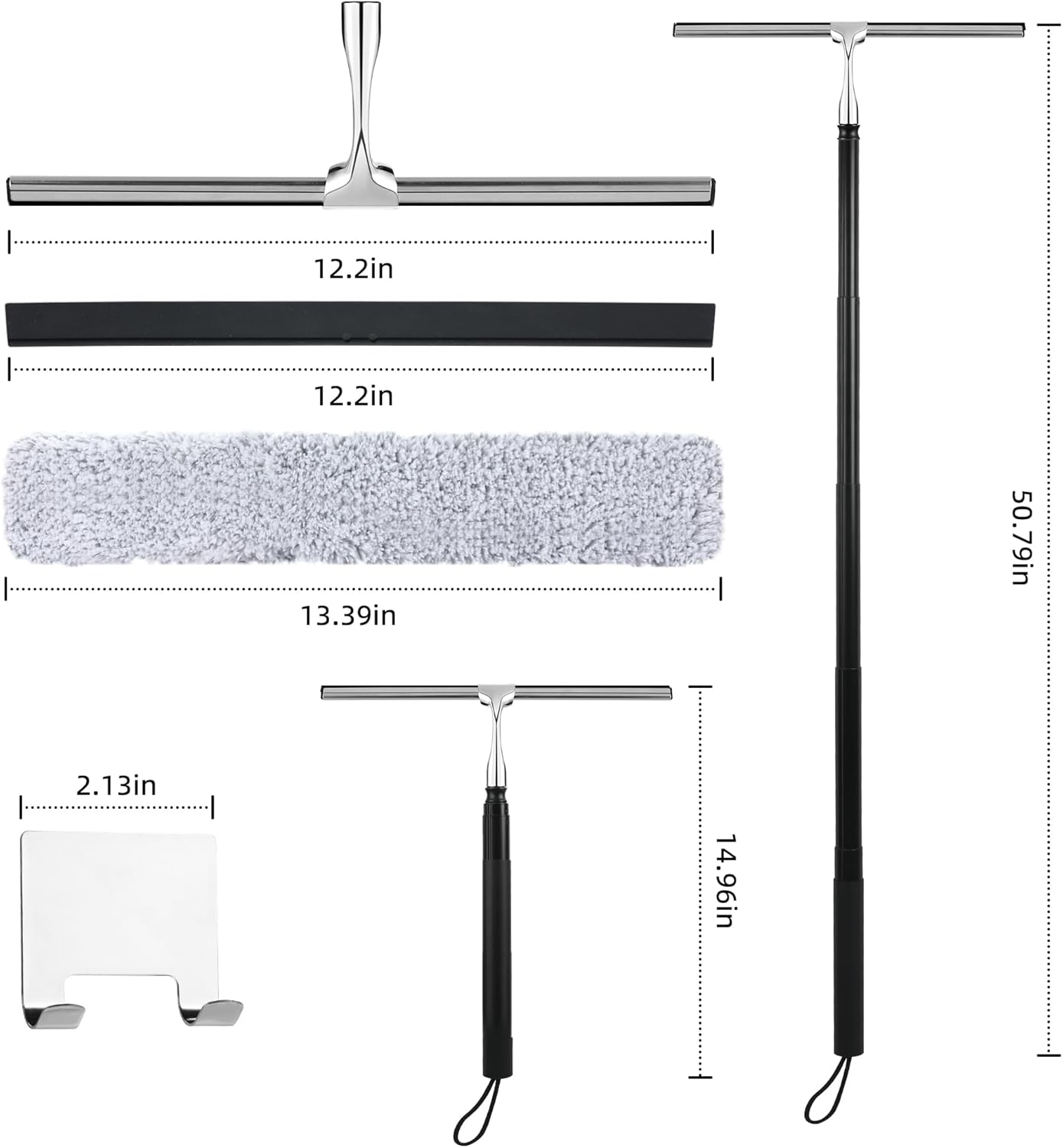 Window Squeegee for Home, 2 in 1 Window Washing kit with Extension Pole Long Handle Squeegee for Shower Glass Floor Tile Wall Car Windshield, 12 inch Wide, Black