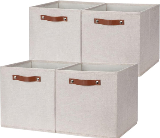 HNZIGE Fabric Storage Cubes Set of 4,12 x 12 Storage Baskets,Cloth Storage Bins for Organizing with Handles,Closet Baskets for Organizing Home Nursery(Gream)