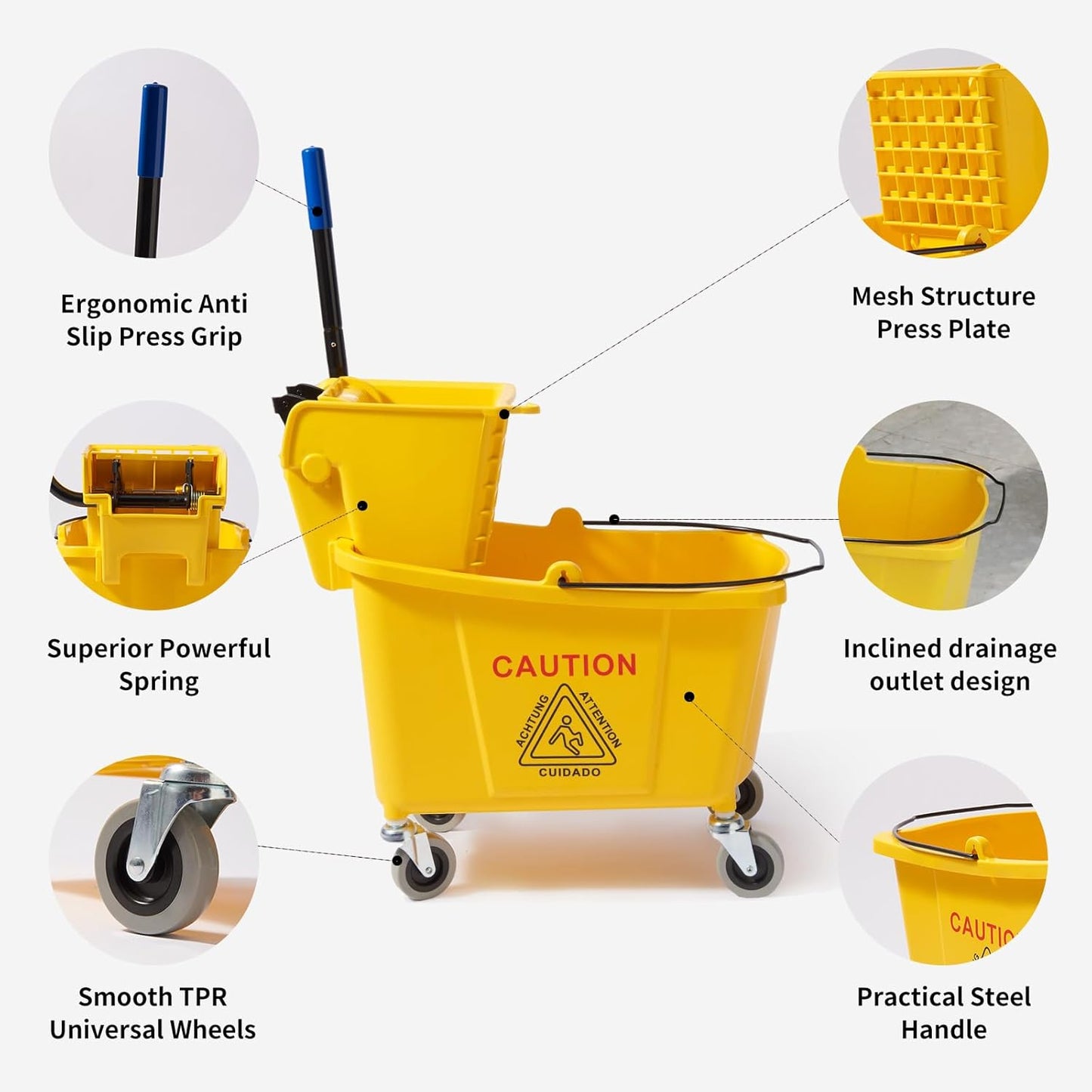 35 Quarts Commercial Mop Bucket with Side-Press Wringer for Floor Cleaning, Yellow, Including One Commercial Mop