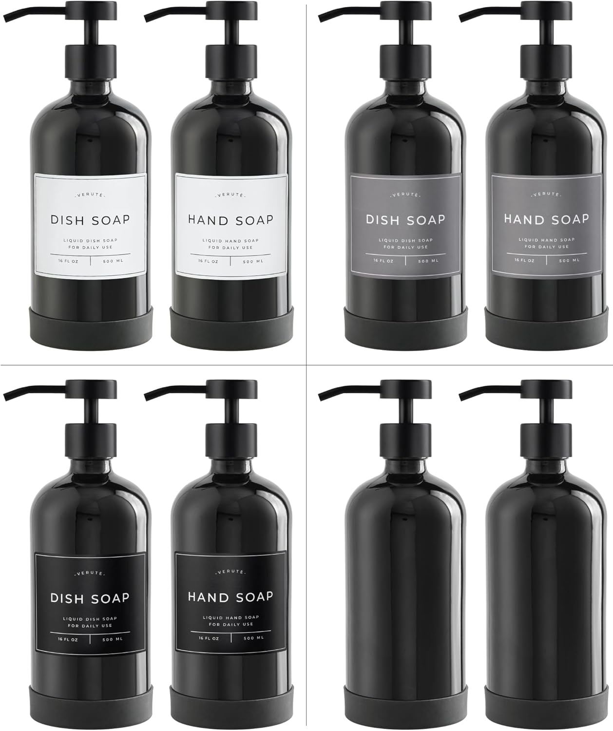 16oz Glass Soap Dispenser with Stainless Steel Pump, 21 Waterproof Labels, Non-Slip Protective Silicone Pad, Set of 2 for Bathroom & Kitchen (Gloss Black Bottle/Black Pump)