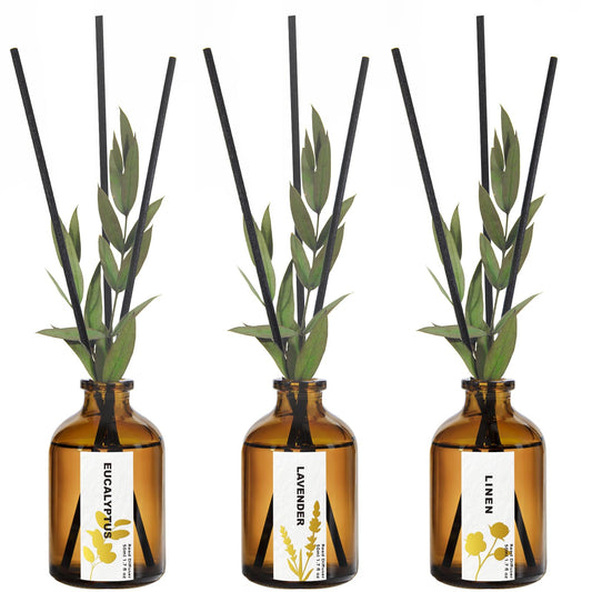 Reed Diffuser Set of 3, Eucalyptus, Linen & Lavender Scented Oil Diffusers with 15 Reeds