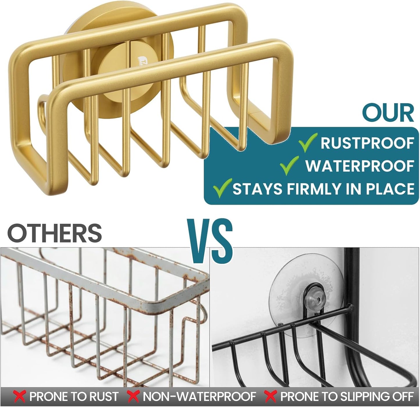 TAILI Sponge Holder for Kitchen Sink with Strong Suction Cup, Rustproof Aluminum Sink Caddy for Sponges, Removable Sponge Holder, Dish Brush for Scraper - Gold