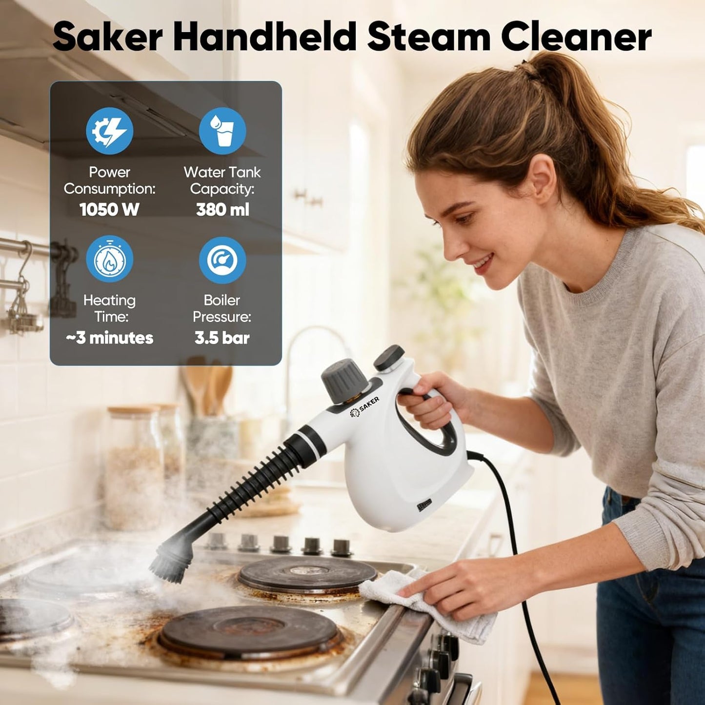 Saker Handheld Steam Cleaner New,Portable Steam Cleaner for Home,1050W Steam Cleaner,5 Fiber Cloths for Quick Heating & Deep Cleaning of Floors, Cars, and Kitchen