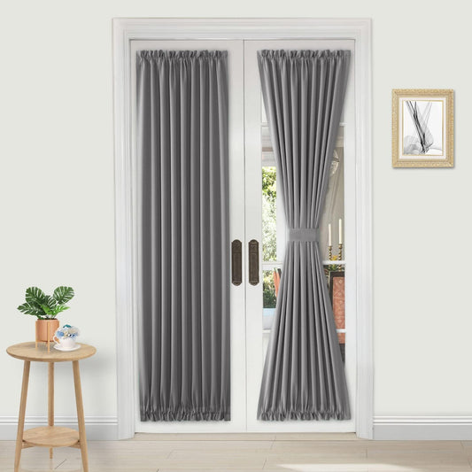 DWCN French Door Curtains – Rod Pocket Thermal Blackout Curtain for Doors with Glass Window, Kitchen and Patio Doors for Privacy, 25 X 72 Inches Long, 1 Curtain Panel with Tieback, Grey