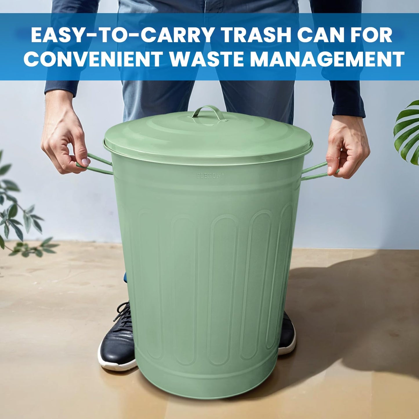 Plexon Round Trash Can 13 Gallon, Vintage Metal Outdoor Trash Can with Lid, Retro Farmhouse Garbage Container, Old School Modern Ash Bucket, Green