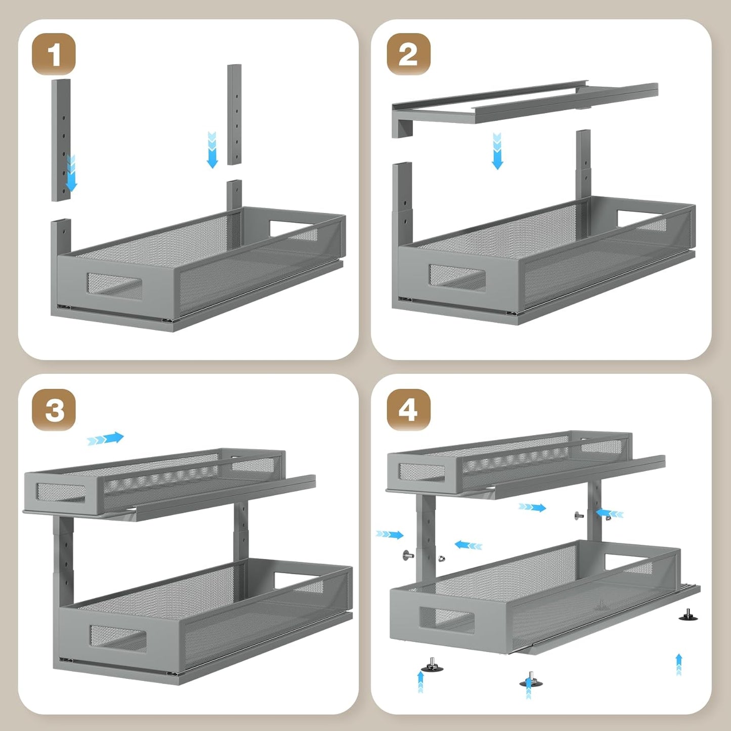 2 Pack 21.3IN-Depth Under Sink Organizer with Next-Gen Ball-Bearing Slides,2-Tier Pull Out Cabinet Storage,Height Adjustable Drawer Shelf for Bathroom,Kitchen,Laundry,Cabinet,Pantry-Gun Gray