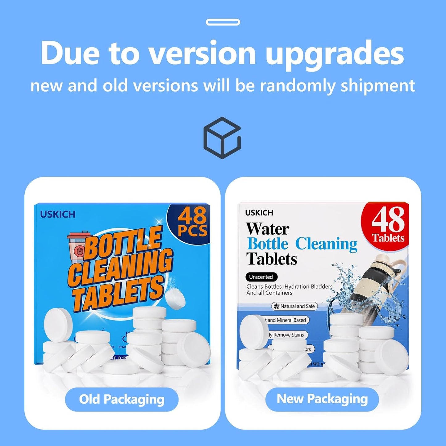 USKICH 48 Pack Water Bottle Cleaning Tablets,Water Bottle Cleaner Great for Stainless Steel, Thermos, Tumbler, Insulated and Reusable Water Bottles,Removes Stubborn Stains and Odors