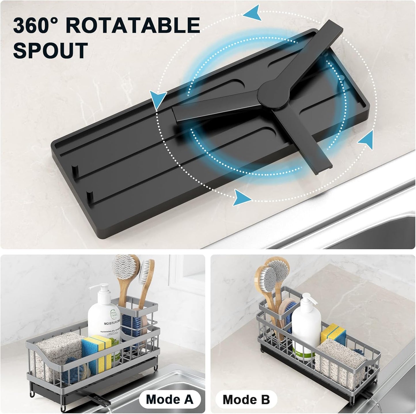 Kitchen Sink Caddy Organizer, Sponge Holder with High Brush Holder, Rustproof and Strong, anti slip, Self Draining spout is ideal，Keep Countertop Cleaning,Grey