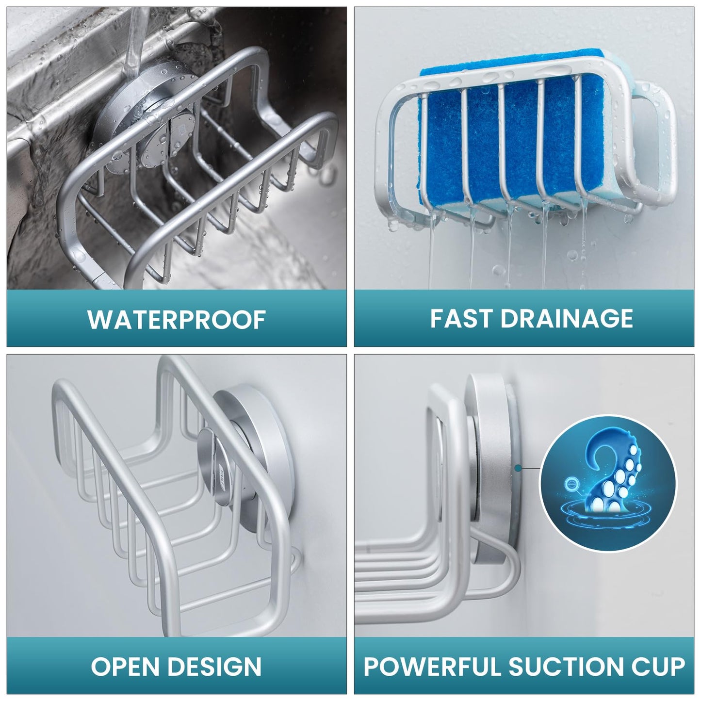 TAILI Rustproof Sponge Holder for Kitchen Sink with Suction Cup-Silver