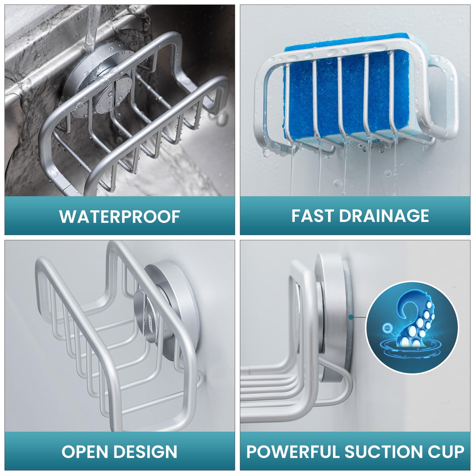 TAILI Silver Sponge Holder for Kitchen Sink with Strong Suction Cup